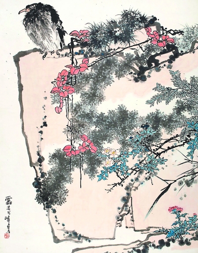 潘天壽《鷹石山花圖》