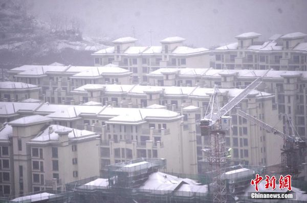 1月23日，重慶主城區(qū)迎來罕見大雪天氣，一小區(qū)綠化帶變成了白茫茫的雪地。圖為樓頂上積滿了白雪。 陳超 攝