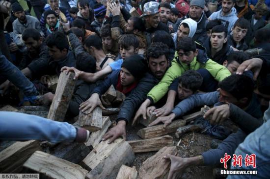 當?shù)貢r間2016年3月6日，希臘Idomeni，滯留希臘與馬其頓邊境的移民蜂擁爭搶木柴。