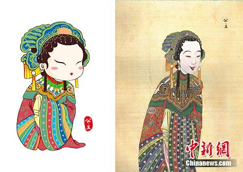 　　以國(guó)圖館藏《慶賞升平》為基礎(chǔ)設(shè)計(jì)的公主形象（左），右圖為《慶賞升平》中的公主形象。國(guó)家圖書(shū)館供圖