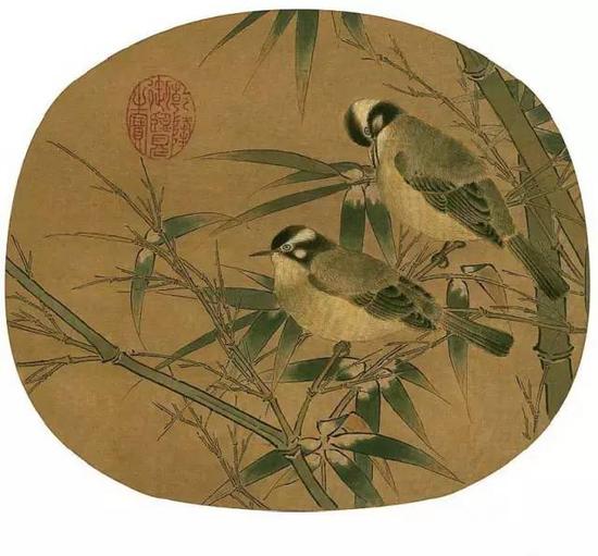 《白頭叢竹圖頁》 宋 紈扇頁，絹本設色， 縱25.4cm，橫28.9cm
