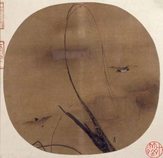 《秋柳雙鴉圖頁》 宋，梁楷，紈扇頁，絹本設色，

縱24.7cm，橫25.7cm