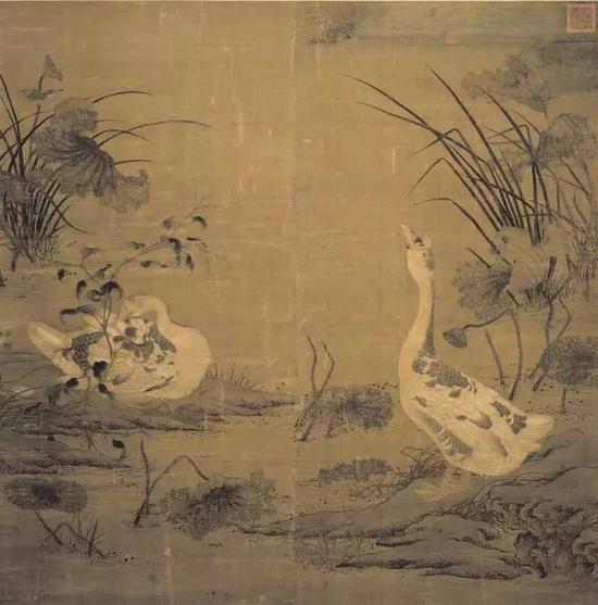 《秋塘雙雁圖》 北宋 佚名  絹本設色，170×167cm，
臺北故宮藏