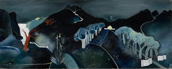 　　Tove Jansson， Mysterious Landscape， c。 1930， Oil on plywood， 61 x 152.5 cm， Ateneum Art Museum。 Photo： Finnish National Gallery / Hannu Aaltonen