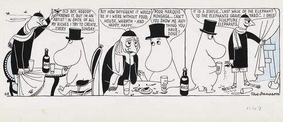 　　Tove Jansson， Comic strip Moomin on the Riviera， 1955， British Cartoon Archive， University of Kent。 Photo： Finnish National Gallery / Jenni Nurminen