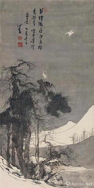 　　附圖8、溥心畬乙亥（1935年）作 寒林白鷺 立軸 設(shè)色絹本尺幅73×37厘米（2016年11月嘉德299萬元成交）