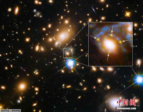 資料圖：2015年3月5日，NASA發(fā)布了哈勃太空望遠鏡拍攝的MACS J1149.6+2223星系團照片。