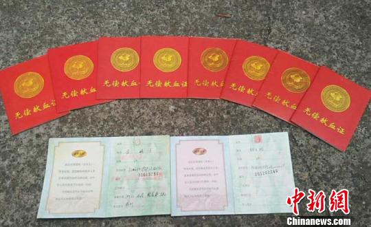 楊火輪夫婦的部分獻(xiàn)血證?！≈炝⑵婀﹫D 攝