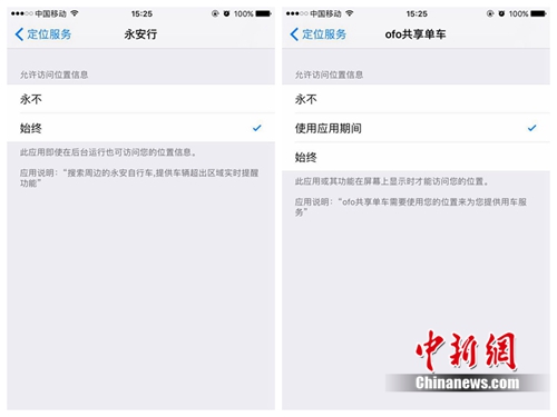 某些共享單車APP定位服務(wù)處在“始終”開啟狀態(tài)中。