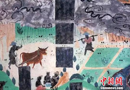 圖為莫高窟23窟壁畫(huà)雨中耕作(盛唐)。敦煌研究院供圖 攝