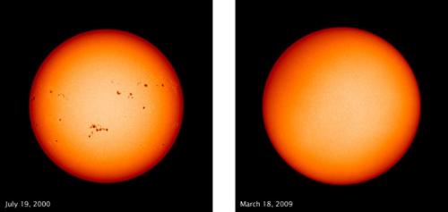 左圖為2000年的太陽(yáng)黑子圖像；右圖為2009年的太陽(yáng)黑子圖像。(圖片來(lái)源：NASA)