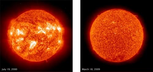 2000年(左)和2009年(右)的太陽(yáng)紫外線圖像。(圖片來(lái)源：NASA)