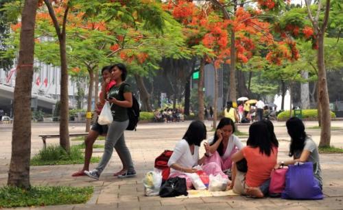 資料圖片：在香港維多利亞公園休息的菲傭。新華社記者 陳曉偉 攝