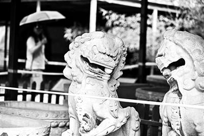 北京青年報(bào)記者昨日在圓明園流散文物展上看到，左側(cè)的石獅子口中僅剩一顆石球 