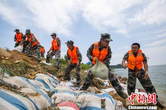 資料圖片，民兵應(yīng)急分隊(duì)冒著酷熱進(jìn)行堤壩加固?！「到ū?攝