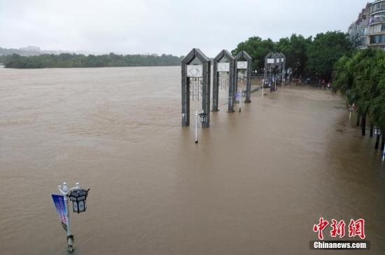 受新一輪連續(xù)強(qiáng)降雨影響，8月15日2時(shí)10分，漓江桂林水文站出現(xiàn)147.51米洪峰水位，超警戒水位1.51米，為今年最大洪水。當(dāng)天漓江旅游船舶、排筏全線封航。 趙琳露 攝