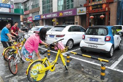 8月13日，蒲黃榆路，共享汽車停放在停車位上。