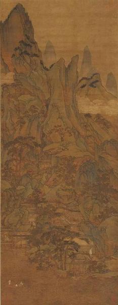 胡廷暉《春山泛艇圖》 絹本，青綠設(shè)色，縱143cm，橫55.5cm，北京故宮博物院藏