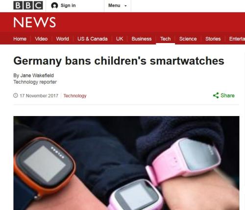 據(jù)英國廣播公司(BBC)報道，德國聯(lián)邦網(wǎng)絡局禁止在該國銷售兒童智能手表。來源：BBC官網(wǎng)截圖。