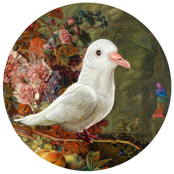 Carollyne Yardley，Holy Spirit Wears a Dove Mask，oil on panel ，91.5x91.5cm ，2016 卡羅琳·亞德利 《圣靈帶著鴿子的面具》 油畫  91.5x91.5cm