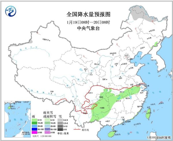 圖2 全國降水量預報圖（19日08時-20日08時）