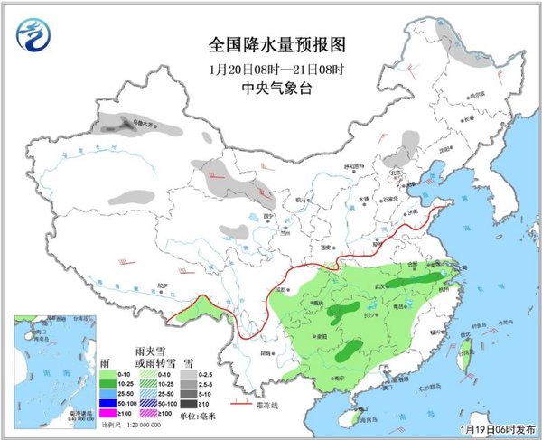 圖3全國降水量預報圖（20日08時-21日08時）