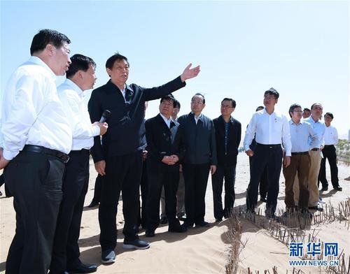 6月2日至5日，中共中央政治局常委、全國人大常委會委員長栗戰(zhàn)書在內(nèi)蒙古自治區(qū)檢查大氣污染防治法實施情況。這是6月4日，栗戰(zhàn)書在鄂爾多斯銀肯塔拉京津風沙源治理項目了解防沙固沙、植被恢復等情況。新華社記者饒愛民攝