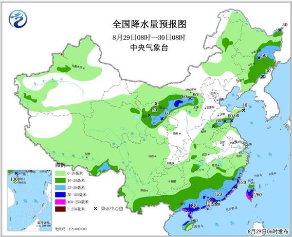 圖2全國(guó)降水量預(yù)報(bào)圖(8月29日08時(shí)-30日08時(shí))