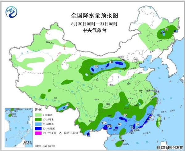 圖3 全國(guó)降水量預(yù)報(bào)圖(8月30日08時(shí)-31日08時(shí))