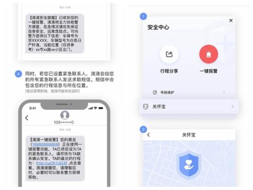 滴滴出行APP“一鍵報(bào)警”及相關(guān)短信展示。截圖