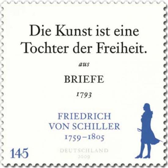 圖片：德國2009年郵票，席勒：“藝術(shù)是自由的女兒?！背鲎?793年席勒書簡。