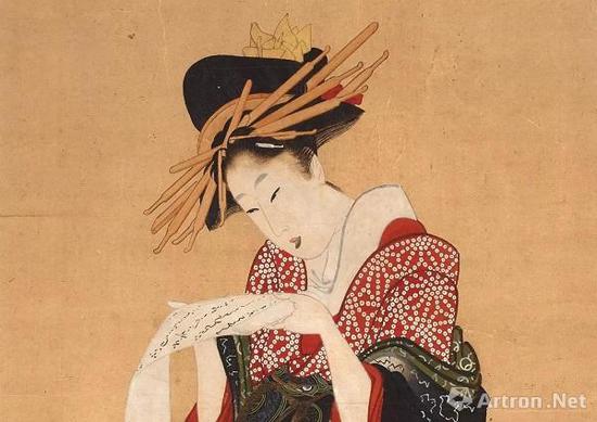 《藝妓讀信》局部，喜多川歌麿  （？-1806），彩色木刻版畫，約1805—1806年