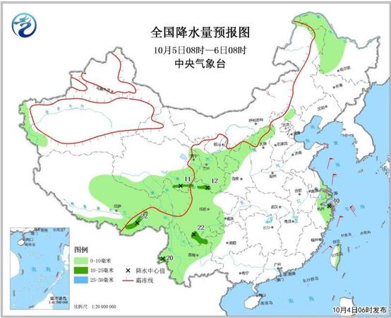 圖3 全國降水量預(yù)報(bào)圖（10月5日08時(shí)-6日08時(shí)）