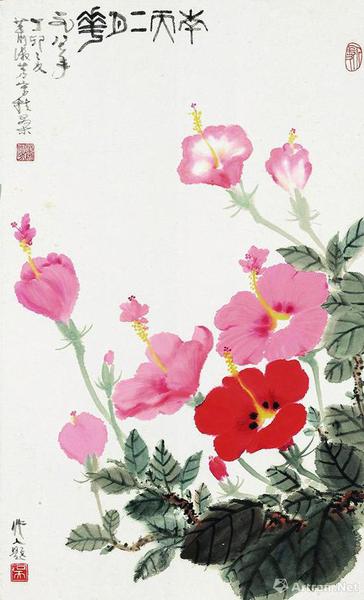 蕭淑芳吳作人1987年合作《南天二月花》，成交價33.35萬元，北京保利2018春拍