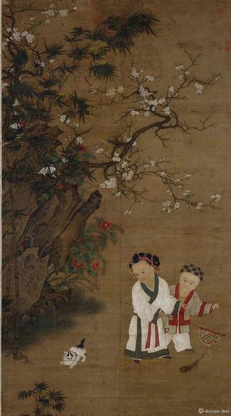 宋人《冬日嬰戲圖》絹本設(shè)色縱196.2cm，橫107.1cm，現(xiàn)藏臺北故宮博物院