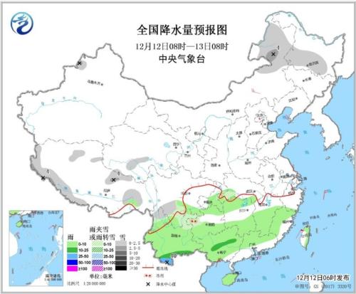 全國降水量預(yù)報圖(12月12日08時-13日08時)