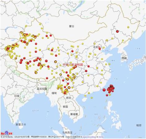 2018年全國3級及以上地震分布圖(四級以上紅色標注)。圖片來源：中國地震臺網微信公眾號