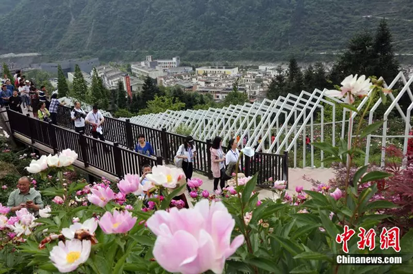 2018年4月30日，汶川青山綠水鮮花盛開，吸引游客觀光。 中新社記者 任海霞 攝