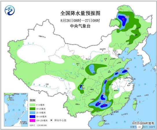 圖4 全國(guó)降水量預(yù)報(bào)圖(8月26日08時(shí)-27日08時(shí))