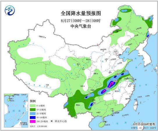 圖5 全國(guó)降水量預(yù)報(bào)圖(8月27日08時(shí)-28日08時(shí))