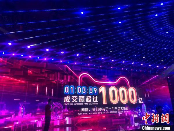 圖為2019年11月11日凌晨1點(diǎn)03分59秒，2019天貓雙11交易額突破1000億元人民幣?！≮w小燕　攝