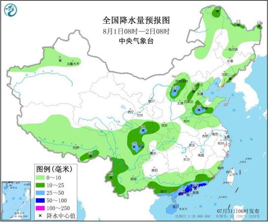 圖2 全國(guó)降水量預(yù)報(bào)圖（8月1日08時(shí)-2日08時(shí)）