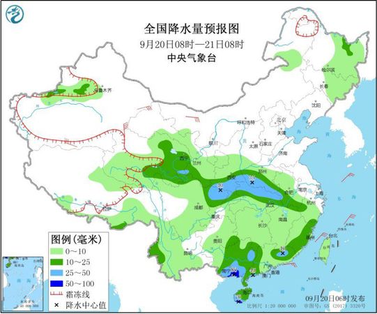 圖1 全國降水量預(yù)報圖(9月20日08時-21日08時)