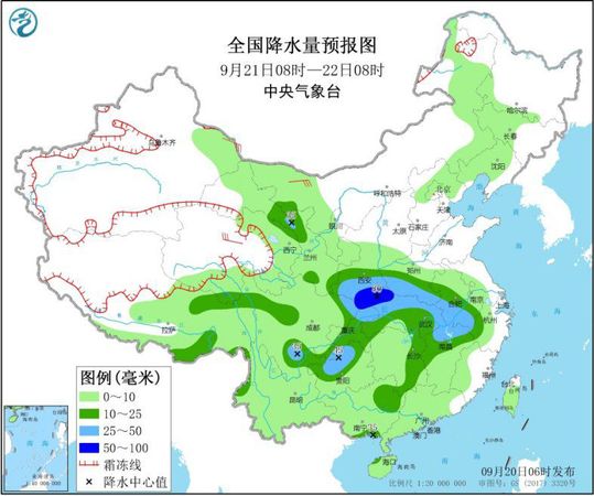 圖2 全國降水量預(yù)報圖(9月21日08時-22日08時)