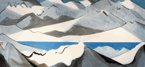 昆侖山上的陰陽湖（國畫）180×83.5cm-2023年-劉巨德